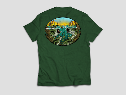 Bass paradise fishing scene art - Green T-Shirt