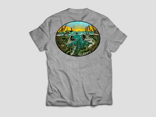 Bass paradise fishing scene art - Grey T-Shirt