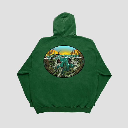 Bass paradise fishing scene art - Green hoodie
